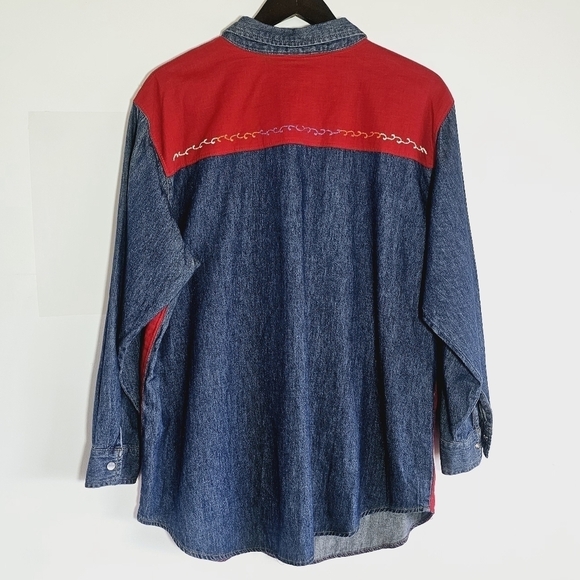 Carole Little 90's Button Down Floral Embroidery Denim Color Block Women's Shirt - Picture 3 of 6